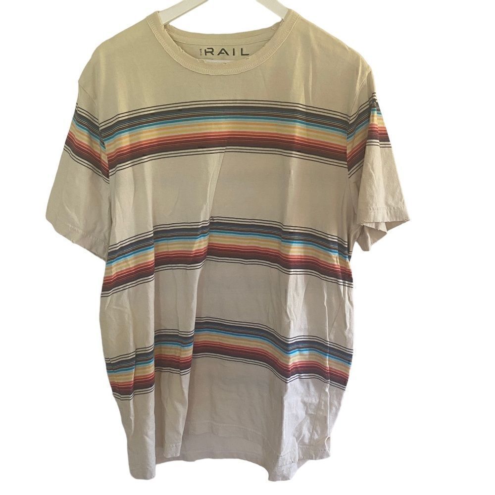 The Rail Men’s short sleeve T-shirt cream striped distressed neck line XXL